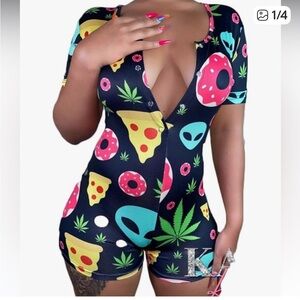 Pizza and Alien Graphic Print Stretchy Romper Bodycon One Piece Lounge Outfit.